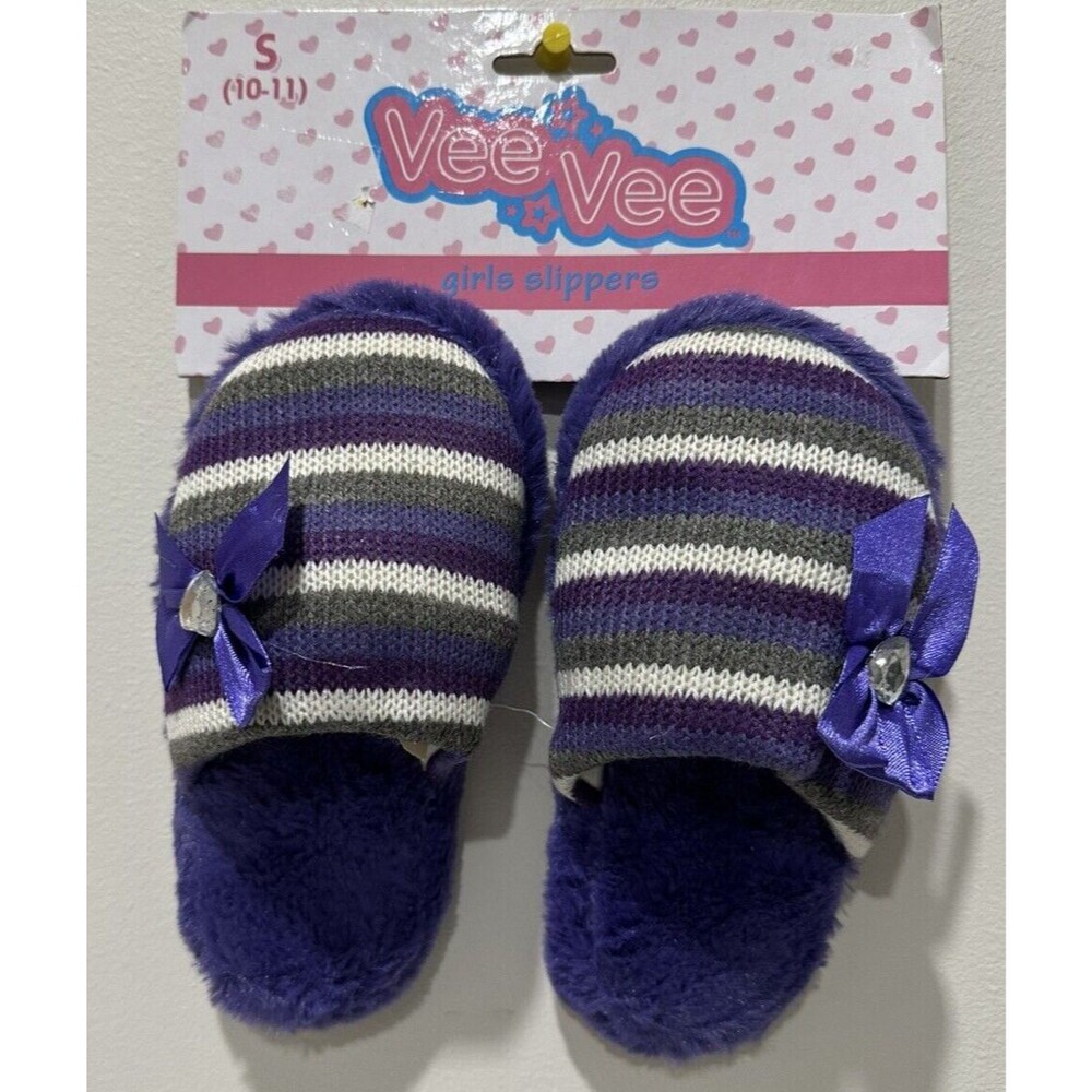 Vee Vee  girl's small  size 10-11  slip on purple striped slippers with bow